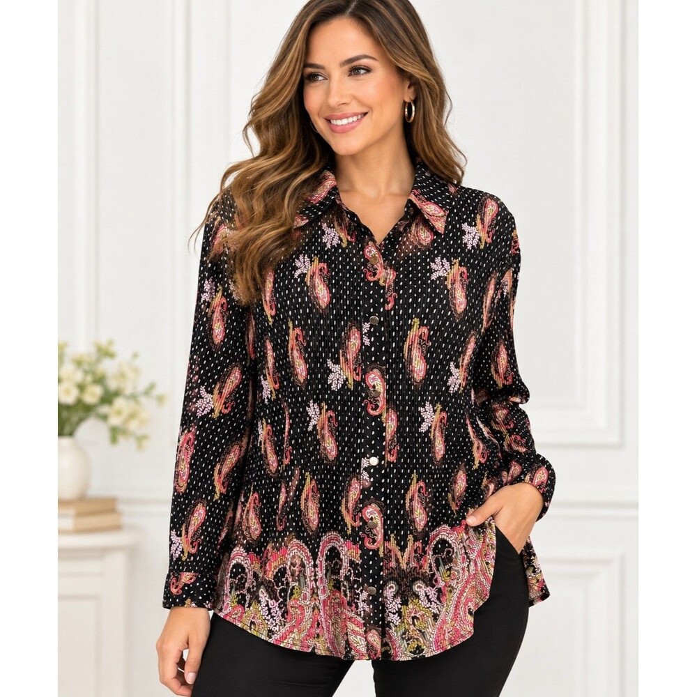 JM Collection Women XXL Paisley Pleated Blouse Black Multicolor Button Front Top